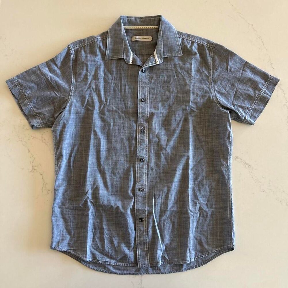 James Campbell blue button up shirt with white stitching